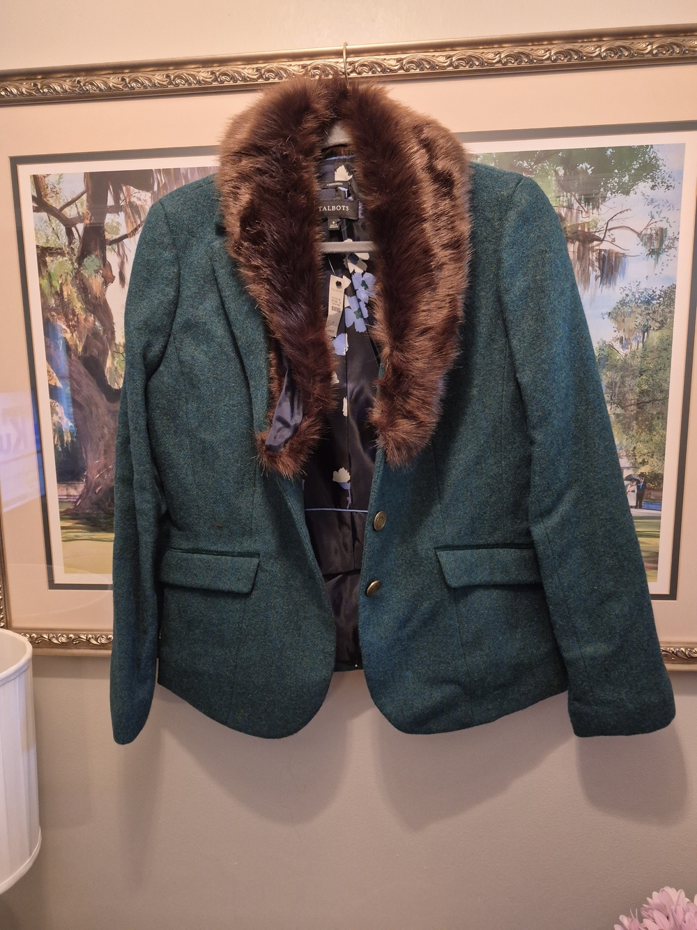 NWT Talbots Teal Wool Blend Jacket with Brown Faux-Fur Collar Size 6 Orig.‎ $189